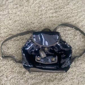 Coach Poppy Navy Blue Sequin Backpack with Metallic Silver Accents